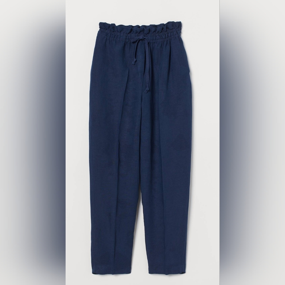 H&M Linen Blend Navy Blue Drawstring Pull On Pants Sz M